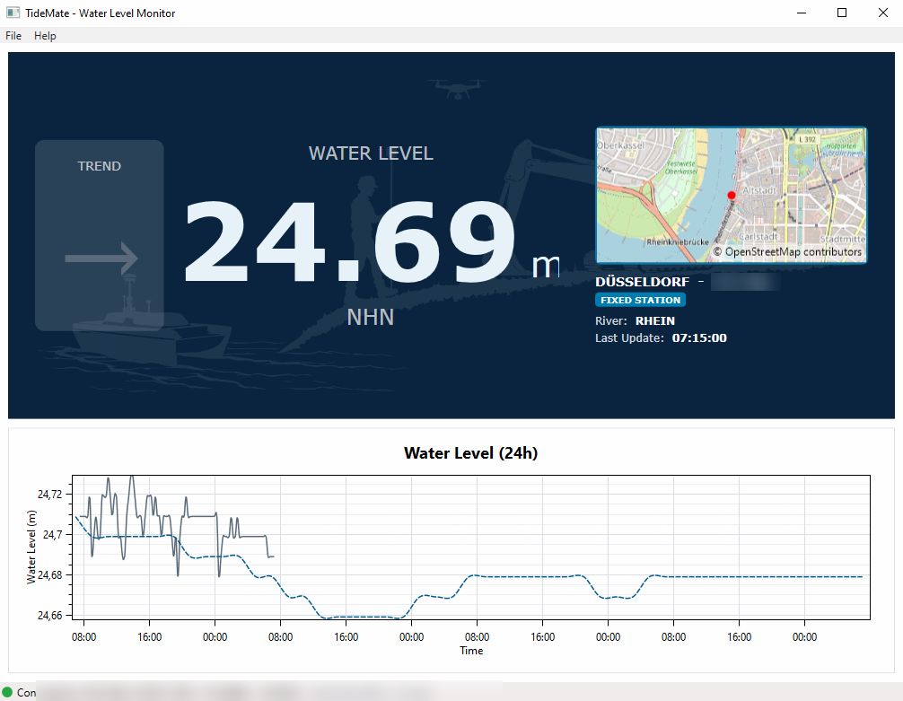 Scherm van TideMate met actuele waterstand, getijstation op de kaart en de waterstand van de laatste 24 uur