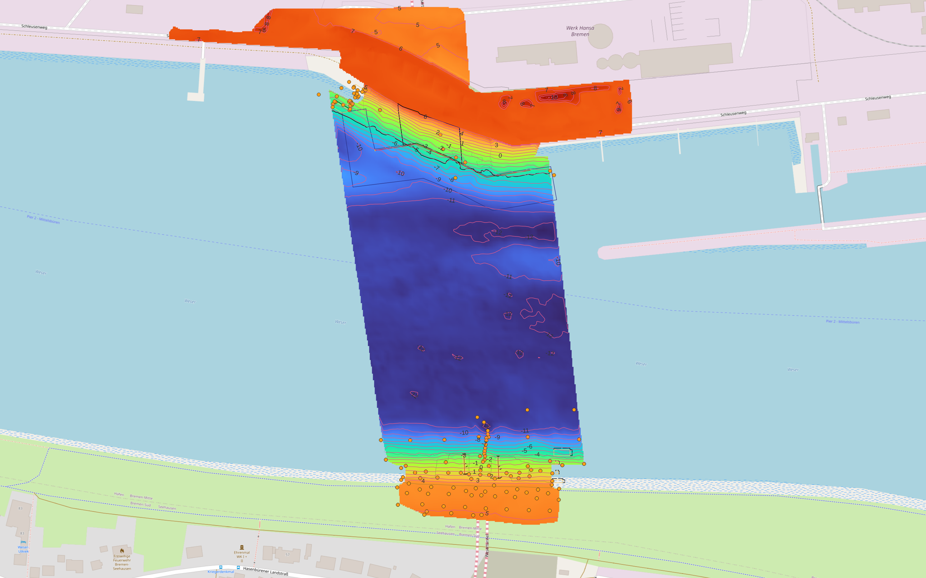 Bathymetrisch model van de Weser bij de werkzaamheden in Bremen