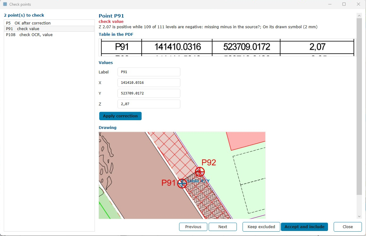 Controlevenster van onze tool: een coördinaat uit een PDF-tabel naast de tekening, met de melding dat Z waarschijnlijk een ontbrekend minteken heeft